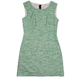 Milly Green White Tweed Sleeveless Shift Dress Size 2 Exposed Back Zipper Linen